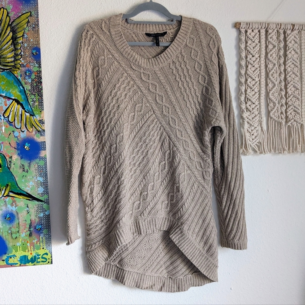 BCBG MaxAzria Beige Heather Camel Cable Knit Sweater Pullover Oversized Sz S